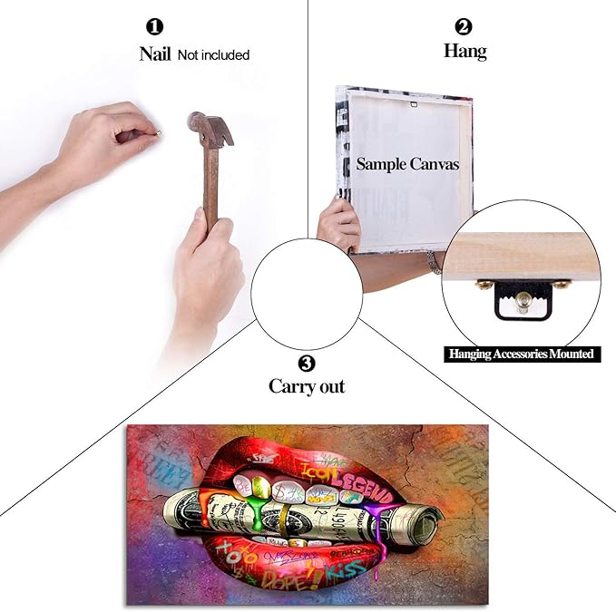 Large Size Canvas Sexy Red Lips with Rolled Dollar Wall Art Abstract Creative Modern Home Decor Artwork for Home Walls Large Prints Inspirational Framed Posters Gift Choice for Men and Women-48"Wx24"H