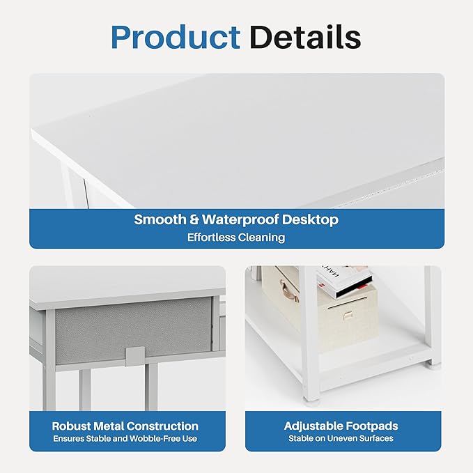 OLIXIS Desk with Storage Fabric Drawers-48 Inch Home Office Computer Desk for Small Space Bedroom,Modern Study Work Gaming Writing Table PC Desks,Chic White