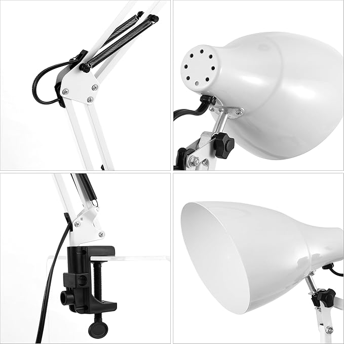 JONATHAN Y 28.5" White Odile Industrial Adjustable Clamp-On LED Task Lamp with Metal Shade, Vintage Articulated Desk Lamp for Home Office Studio, LED Bulb Included (JYL7125C)