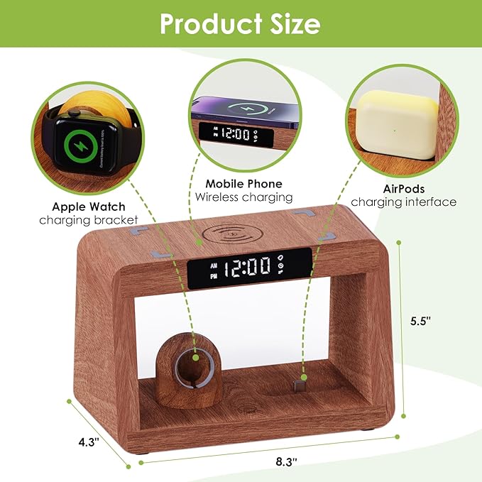 Wooden Bedside Table Lamp with Wireless Charging Station, LED Clock Display, 3 Night Light Modes, Bamboo