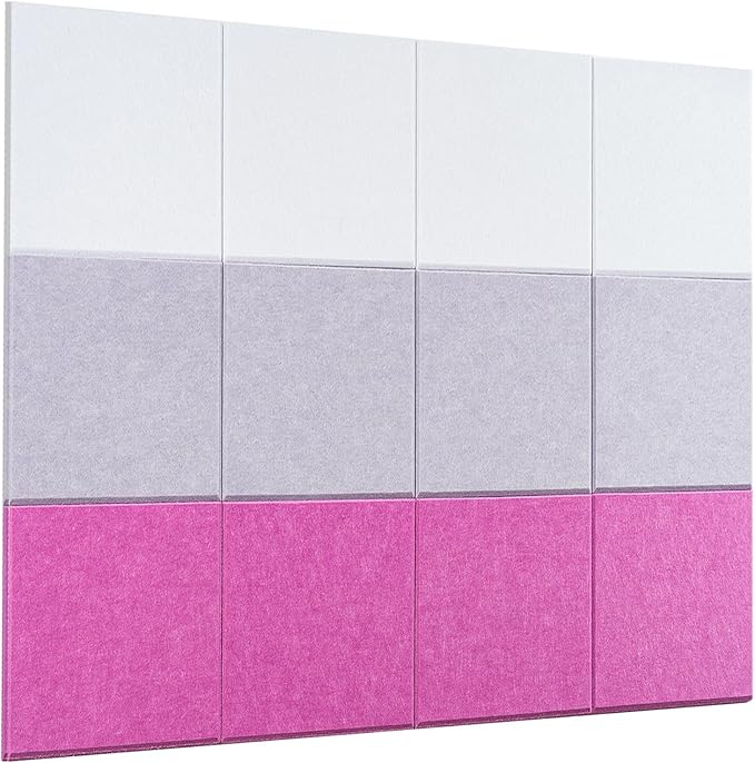 Bulletin Board 40x30in, 12 Count 9.8 x 9.8in Felt Wall Tiles with Removable Adhesive Tape, Cork Board Alternative for Walls, Wall Decor, Kids Art Display, Kids Room (Magenta Accent Collection)