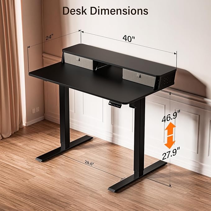 Kingant 40 x 24 Inch Small Electric Standing Desk with Dual Drawers, Height Adjustable Sit to Stand Computer Desk with Storage Shelf and C-Clamp Mount Compatibility for Home Office, Black