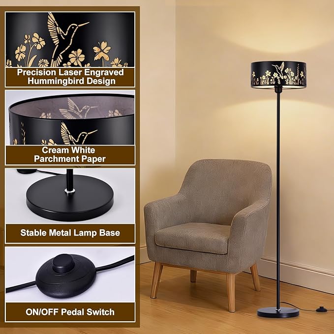 Mid Century Floor Lamp,Unique Hummingbird Floral Black Farmhouse Drum Gothic Floor Lamp with White Parchment,57.67" Tall Metal Rustic Standing Light for Living Room,Bedroom,Home,Office