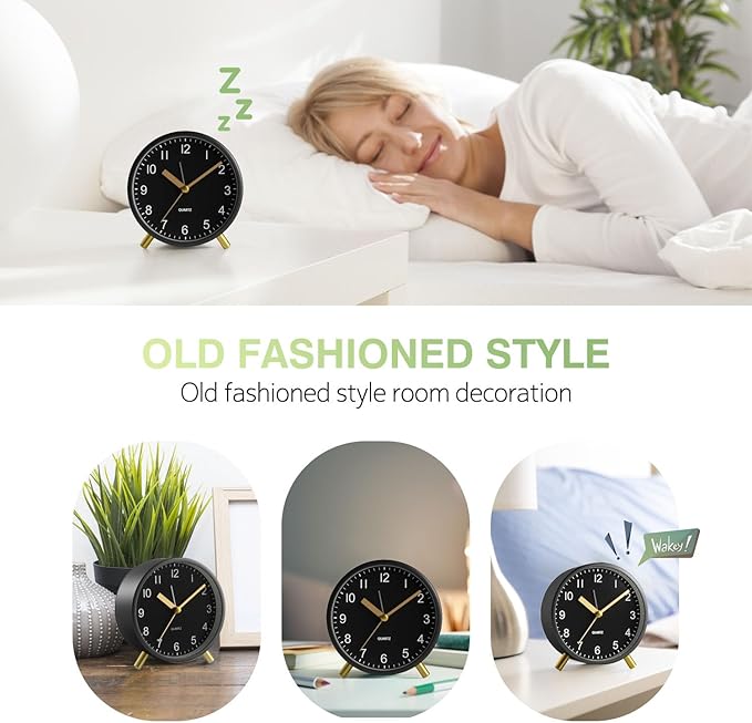 Analog Alarm Clock, Super Silent Non Ticking with Night Light, Battery Operated, Bedroom Clock,Fashionable Round Metal Alarm Clock for Office, Elderly, Adults, Children, School Gift