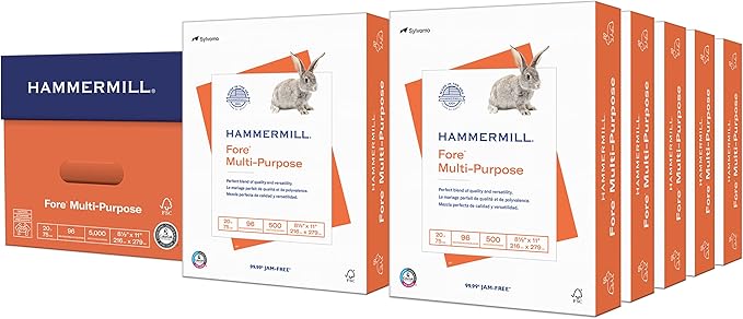 Hammermill Printer Paper, Fore Multipurpose 20 lb Copy Paper, 8.5 x 11-96 Bright, Made in the USA, 103267C (10 Ream, 5000 Sheets Total)