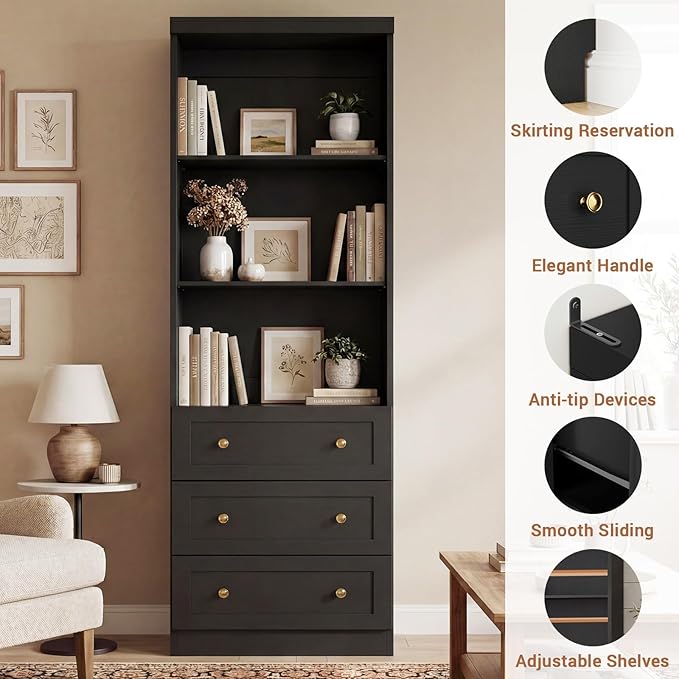 Cyclysio 80" Bookshelf with 3 Drawers, Tall Bookcase with Thickened Top Panel and 3-Tier Open Shelves, Tall Storage Cabinet for Home Office, Living Room, Black