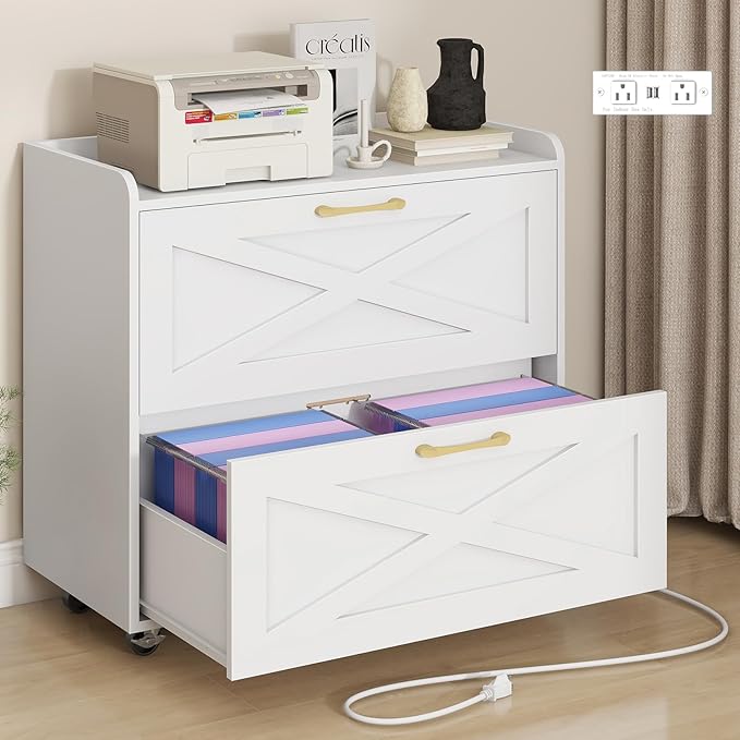 2 Drawer Lateral File Cabinet, Mobile Filing Cabinet with Charging Station for Letter/Legal/A4 Size Hanging Files, Modern Farmhouse File Storage Cabinet with Wheels for Home Office, Simple White