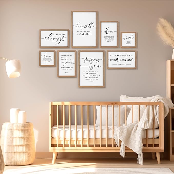 Faccito 8 Set Christian Wall Art Large Wooden Framed Farmhouse Bible Verses Home Decor Neutral Prayer Room Decor Minimalist Christian Scripture Wall Art for Home Office Living Room Bedroom Church