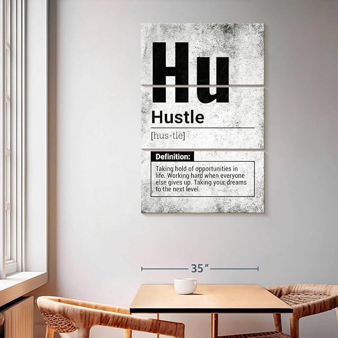 Elephant Stock - Hustle Definition Grunge Wall Art - Vertical Multi Panel Canvas - 3 Piece Living Room Wall Decor - Digital Art Inspirational And Typography Multi Piece Wall Art - Black And Gray Decor - 42" x 65"