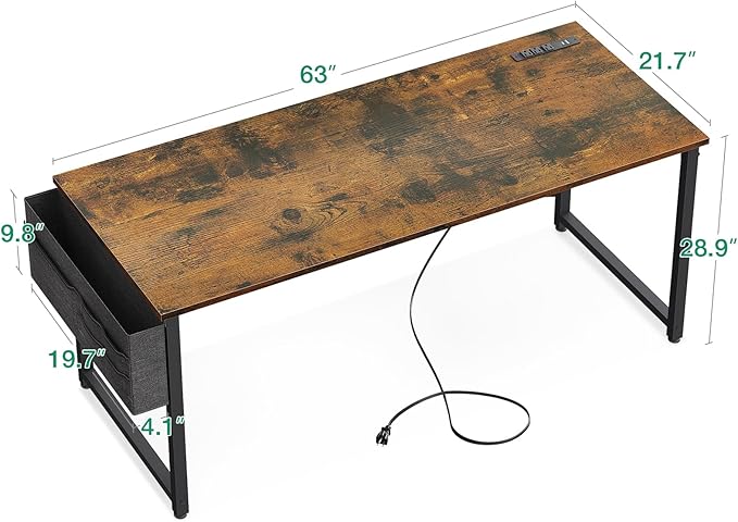 KKL Large Computer Desk with Power Outlets and USB Port Desk for Home Office Gaming Simple Modern Style Writing Desks with Storage Bag Headphone Hook, 63 inch, Rustic Brown
