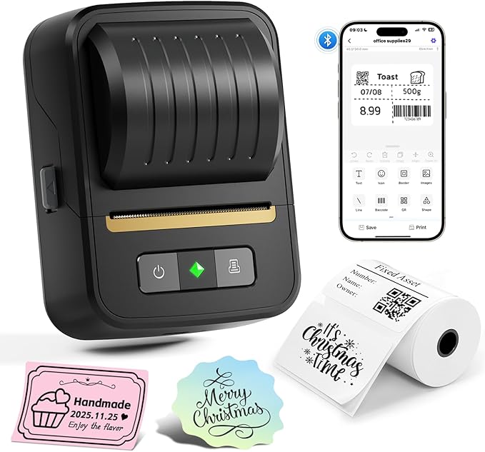 Label Maker Machine with Tape, Bluetooth Thermal Label Printer for Small Business, Address, Barcode, Logo, Clothing, Label Makers for Office Home School