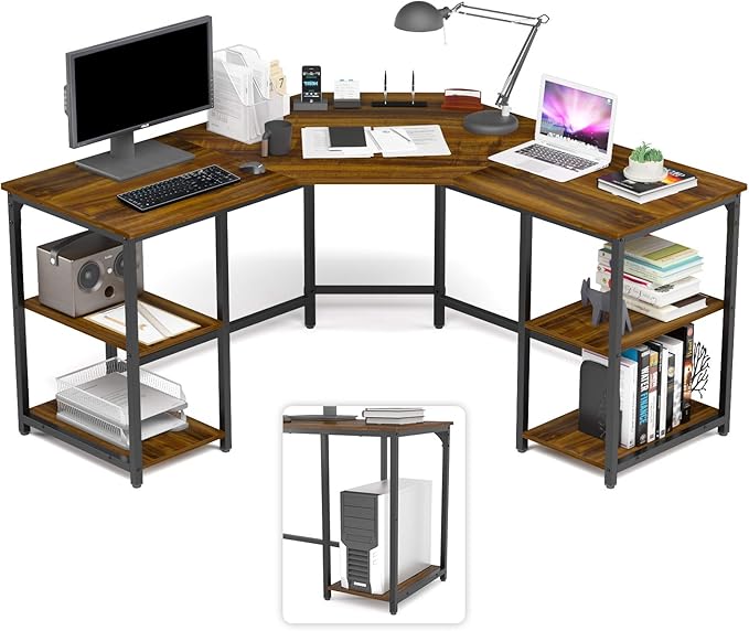 Elephance Large L-Shaped Computer Desk with Shelves, Corner Desk, Home Office Writing Workstation, Gaming Desk PC Latop Table with Storage