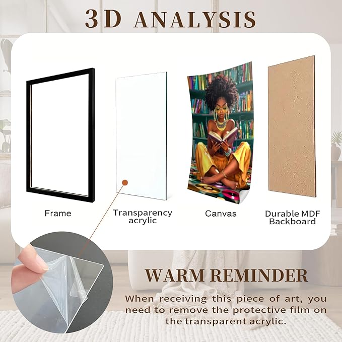 African American Wall Art Framed Black Girl Wall Art Colourful Black Girl Reading Book Pictures Canvas Prints Artwork for Bedroom Living Room Bathroom Home Decor 12x16 Inch
