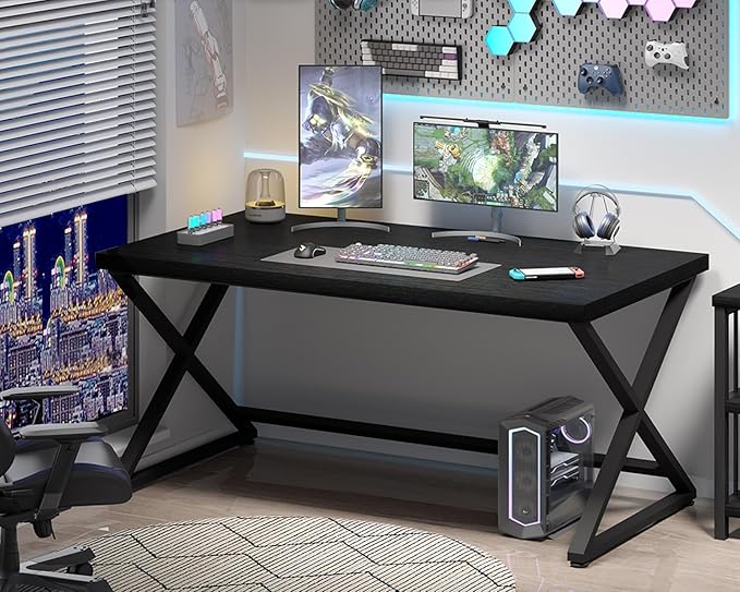 IBF Black Computer Desk, Simple Work Desk for Home Office, Industrial Writing Study Desk in Bedroom, Modern Wood Metal Pc Gaming Laptop Workstation Executive Computer Table, Black Oak, 47 Inch