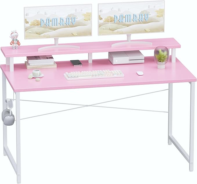 Pamray 47 Inch Small Computer Desk with Monitor Stand, Simple Office Desk with Headphone Hook for Small Spaces, Kids Study Writing Table for Bedroom, Pink