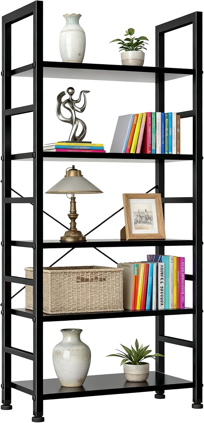 5 Tier Bookshelf, Free Standing Wooden Bookcase with Open Storage Shelves with Metal Frame, Sturdy Shelf Organization Display Rack for Living Room, Bedroom, Home Office, 62.2" Tall, Black
