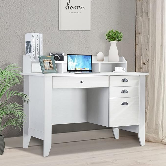 Catrimown Computer Desk with Drawers and Hutch White Desk with Drawer Wood Executive Desk Teens Student Desk Writing Laptop Home Office Desk for Small Spaces, Cream, 47.5''D x 22''W x 36.5''H
