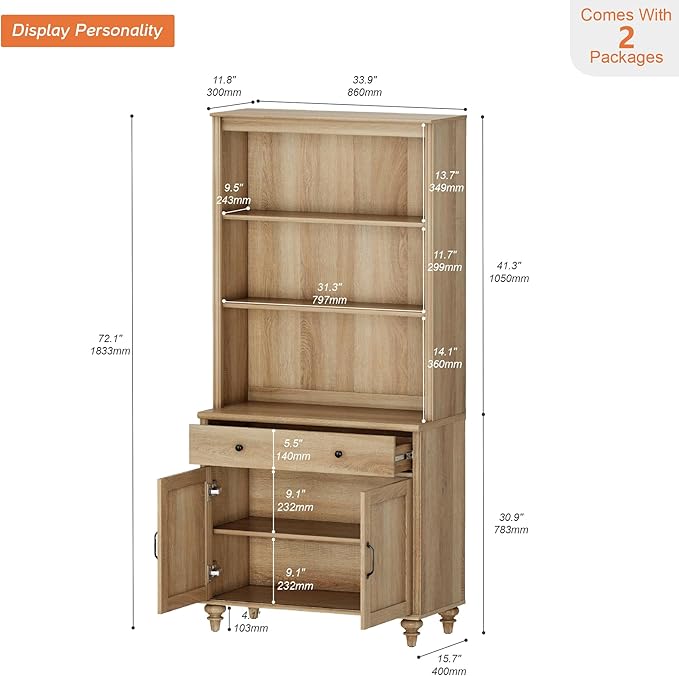 WAMPAT 5 Tier Bookshelf 72" Tall Bookcase with Barn Doors, Large Farmhouse Display Book Shelf with Wood Doors and Storage Cabinet，Library Wooden Bookshelves for Living Room, Office, Kitchen, Oak