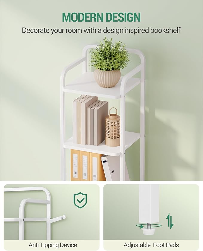 Bookcase Bookshelf, Narrow Book Shelf, Industrial Corner Shelf Storage Organizer, Slim Shelving Unit for Home Office, Living Room, Bedroom, Kitchen, 6-Tier White BC24613W
