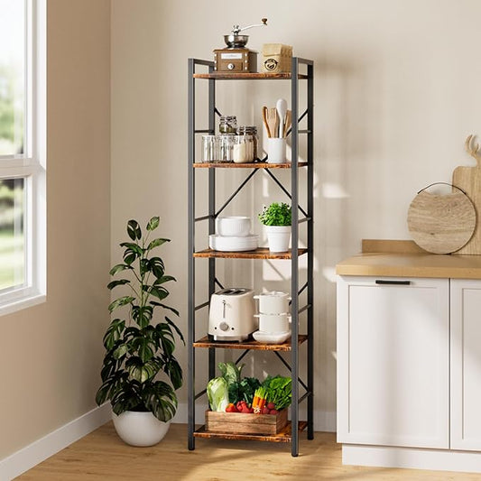 Dunatou 5-Tier Bookshelf, Tall Bookcase with 5 Open Shelves, Metal and Wood Office Book Shelf Bookcase, Standing Storage Organizer Shelf for Bedroom Living Room, Rustic Brown