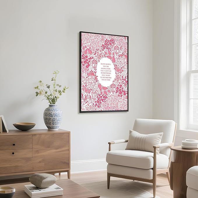 Slow Down You're Doing Fine Music Posters Motivational Quote Pink Wall Art Vintage Floral Positive Daily Reminder Song Lyrics Canvas Print Aesthetic Office Home Decor 8x12inch Black Framed