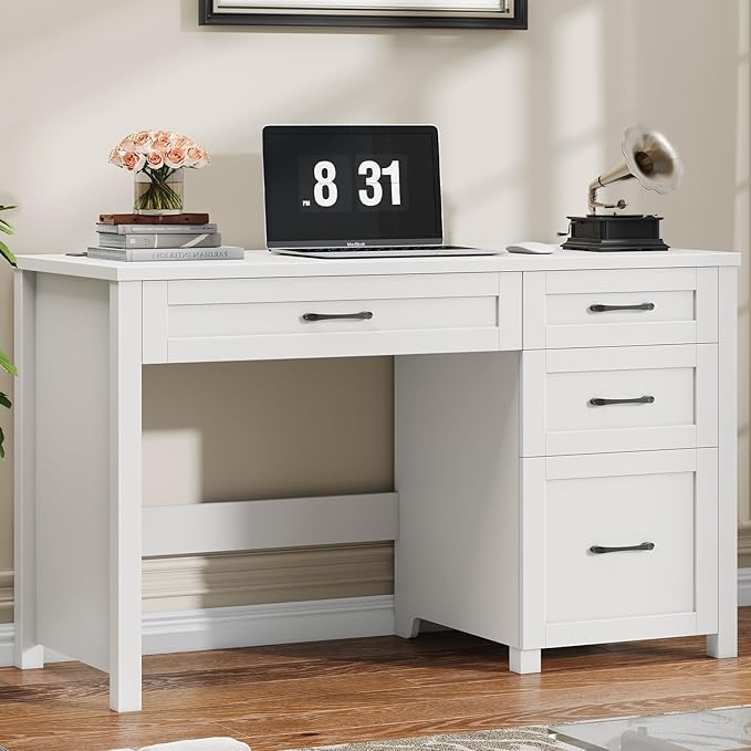 Farmhouse 47" Executive Desk, Computer Desk with File Drawer and Charging Station, Workstation for Home Office, Study(Cream White)