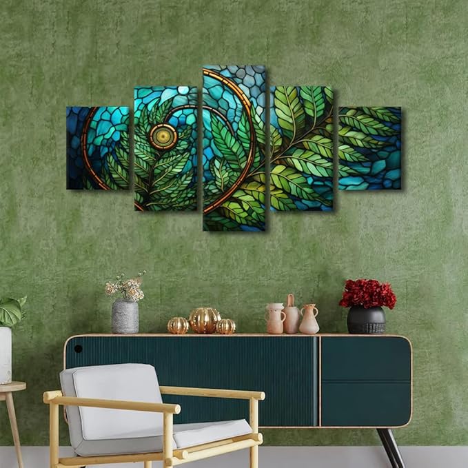 Canvas Wall Art for Men Modern Stained Glass Style Pattern Printing Spiral Green Leaf Canvas Art 5 Panel Poster Print Art for Bedroom Office Wall Decor Stretched and Framed Ready to Hang 60x32 in