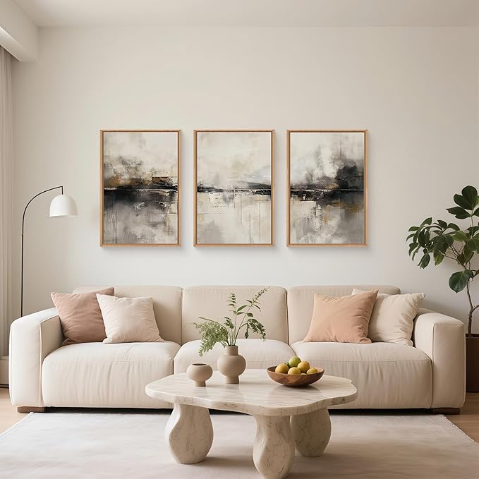 HOURIA Large Abstract Neutral Beige & Black Framed Canvas Wall Art Set,Modern Minimalist Brown Wall Decor,Textured Gray Tan Illustrations Artwork for Living Room, Bedroom, Farmhouse- 16"x24"x3