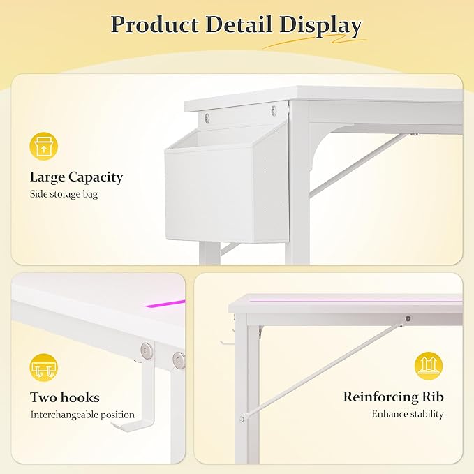 48 Inch White Computer Desk with LED Lights, Office Desk with Storage Bag for Home Office, Gaming Desk with Headphone Hook for Study Writing Work Desk,Sturdy Metal Frame