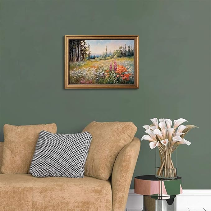 Gold Framed Wall Art Vintage Floral Canvas Wall Art Wildflower Field Rustic Landscape Sunset Sky Artwork Prints Picture for Living Room Bedroom Farmhouse Bathroom Office Decor, 16x24