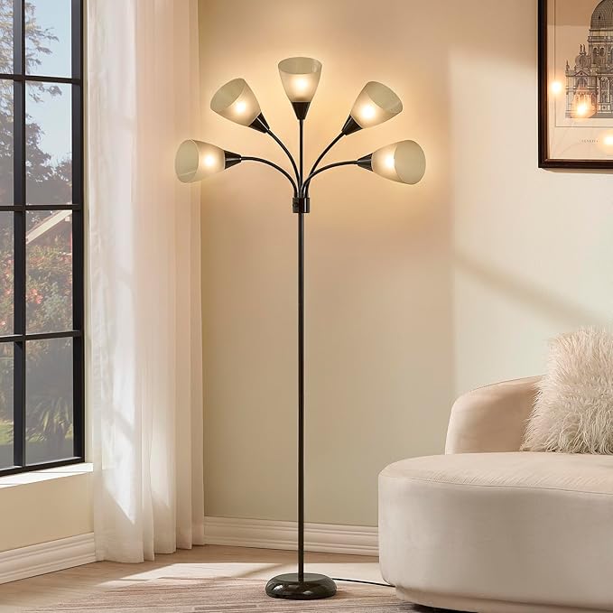 Medusa Modern Decor Floor Lamp, Multi Head Adjustable Gooseneck Bright Light for Reading, White Shades Tall Standing Tree Floor Lamp for Living Room Bedroom Office Kids Classroom, Brown