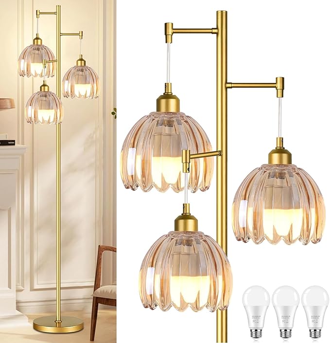 Gold Floor Lamp for Living Room,Bedroom,Tree 3 Light Standing Lamp Mid Century Modern Brass Tall Floor Lamps Vintage Retro Floor Lights Glass Flower Amber Lamp Shade Farmhouse Boho Bohemian