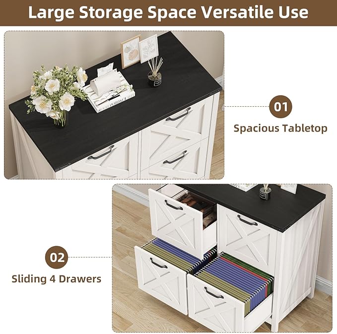 Farmhouse File Cabinet, Lateral Filing Cabinet with 4 Drawers for Letter/A4 Size Hanging Files, Wooden Printer Stand File Storage Cabinet for Home Office Cabinets, White and Black