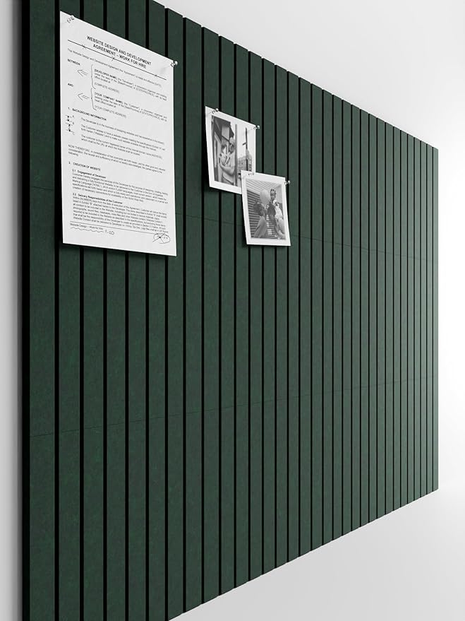 Bumusty Large Cork Board Alternative-48 x 36" Felt Bulletin Board Tiles, with 30 Pushpins, 70 Adhesive Tabs, 12-Pack Slat Wall Paneling, Cork Boards for Office Push Pin Board Felt Board-Pine Green