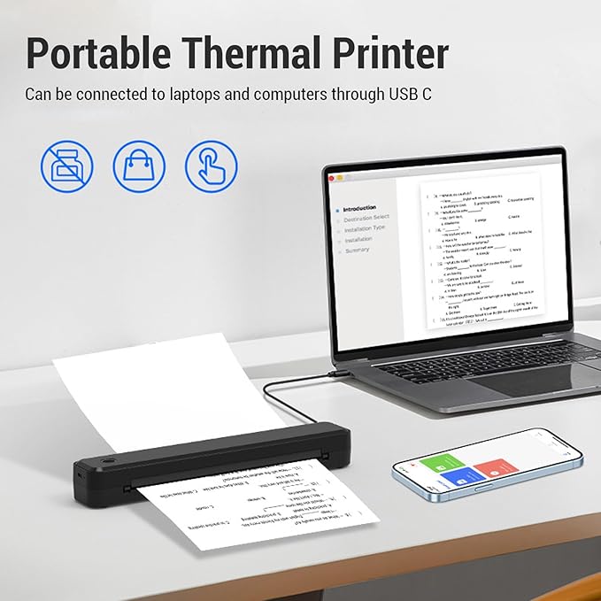 Hyuduo Portable Thermal Printer Labels Printer 203DPI 211.2mm Printing Width Wireless Inkless Printer for 8.5x11in US Letter A4 A5 Paper for Office Car and Home Black