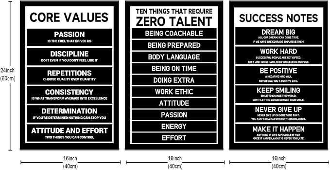 3 Pieces Inspirational Canvas Posters Prints Wall Art Core Values Motivational Quotes Office Wall Decor Positive Theme Artwork for Home Teens Room Workplace Classroom Ready to Hang [48''Hx24''W]