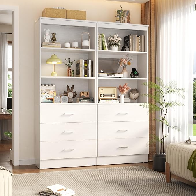 Aheaplus 71 Inches Bookshelf with Drawers, Wooden Bookcase with Open Shelves, 6-Tier Tall Storage Cabinet Book Shelf Storage Organizer for Living Room, Home Office, White (No Charge Station)