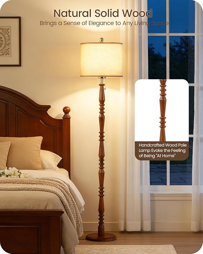 65" Oak Wood Floor Lamps for Living Room with Adjustable Color Temperatures, Farmhouse Floor Lamp with Pull Chain Switch, Tall Standing Lamp for Bedroom, Dining Room, Rustic Brown VE27LD05