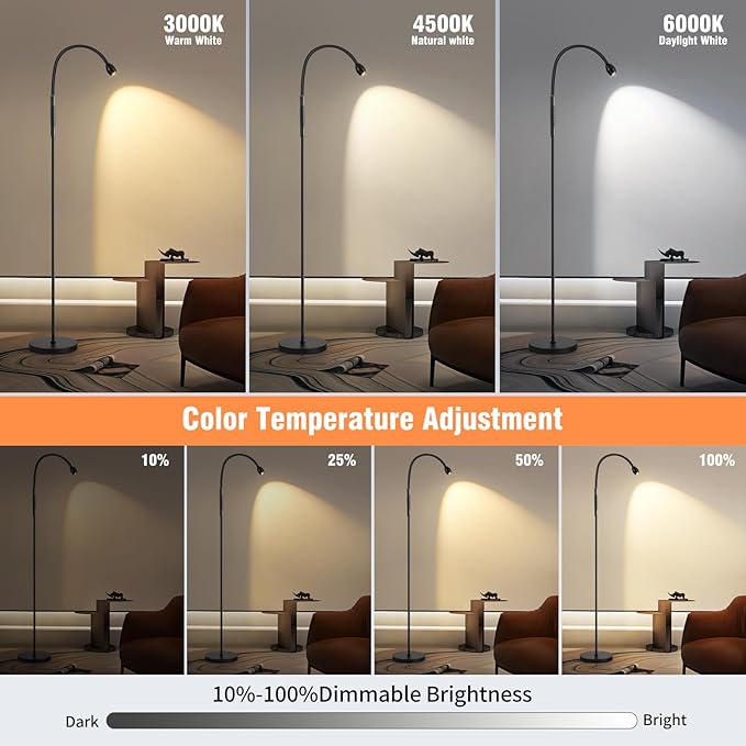Adjustable Gooseneck LED Beam Floor Lamp, Standing Reading Lamp with Flexible Gooseneck, Dimmable, Timer and Zoomable Spotlight, Black Task Bright Lights with Remote for Living Room Bedroom