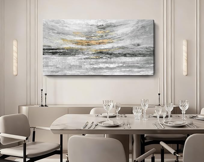 Nicetop Coastal Wall Decor 48x24 Inch, Abstract Canvas Wall Art Black White and Gold, Modern Ocean Artwork Ready to Hang for Living Room, Bathroom, Bedroom and Office | Minimalist
