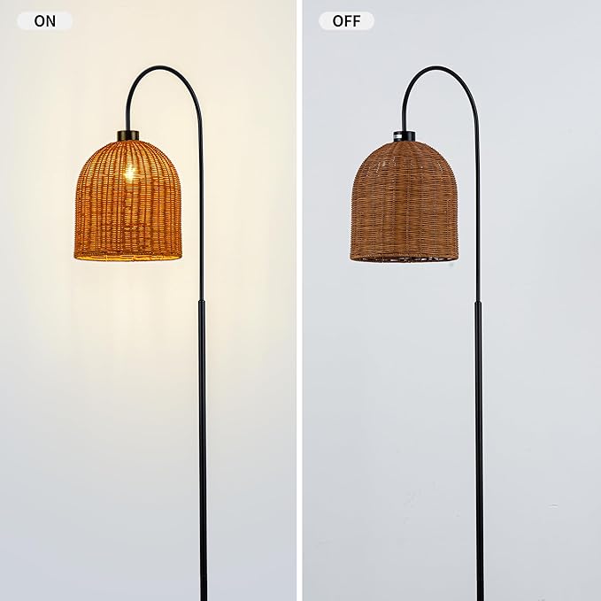 MAYNA Rattan Floor Lamp, 66 in. Bohemian Style Floor lamp with Natural Brown Rattan Shade, Rustic Curved Standing lamp for Coastal, Beach or Bohemian Decor (Coastal Black)