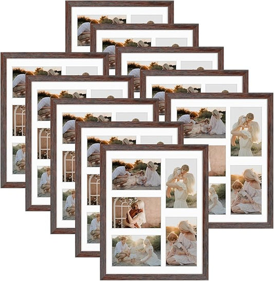 Golden State Art, 11x14 Distressed Brown Wooden Frame with White Mat - Displays Five 4x6 Photos - Tempered Glass - Wall Mounting, Portrait, Set of 10