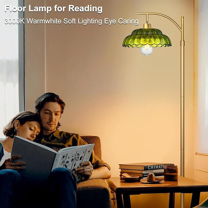 Dimmable Floor Lamp for Living Room, Mid Century Modern Standing Lamp with Green Lamp Shade, Vintage Tall Floor Lamps with Remote, Glass Corner Lamp for Bedroom Office, 12W Bulb Included
