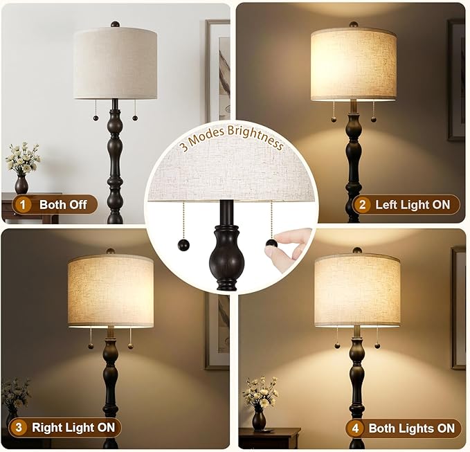 Scenekoy 65.5 Natural Real Wood Rustic Floor Lamp for Living Room Bedroom, Dual Pull Chains Switch, Wooden Base, Retro Farmhouse Tall Standing Lamp with Linen Shade for Living Room Office Home Room