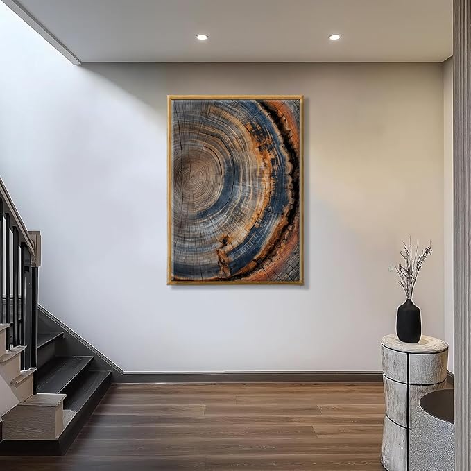 IBHJSART Framed Tree Ring Canvas Wall Art Vintage Colorful Wood Stump Painting Prints Modern Minimalist Pictures Neutral Nature Rustic Farmhouse Decor Living Room Bedroom Bathroom Office 12"x16" Natural Framed