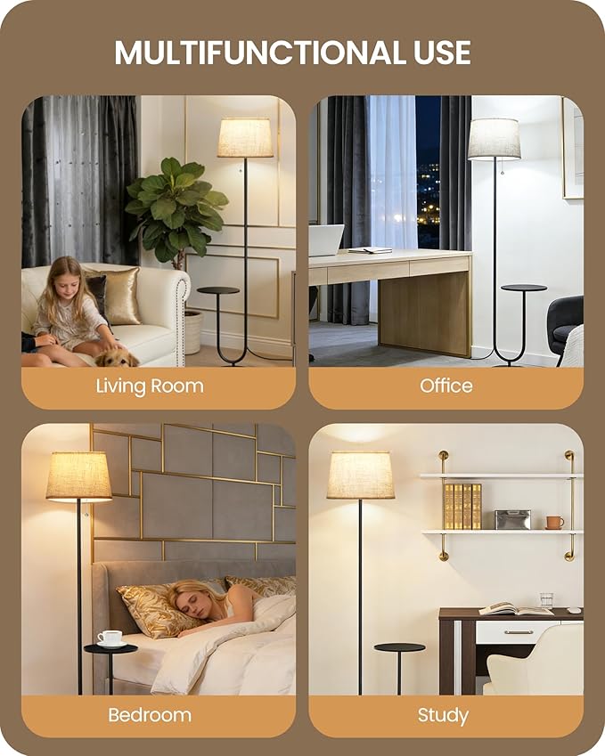 Floor Lamp with Side Table, Standing Lamp for Living Room with Tray, Pull-Chain Switch, for Living Room, Bedroom, 3 Color Temperatures, 9W LED Bulb Included, Black and Beige BE21LD05