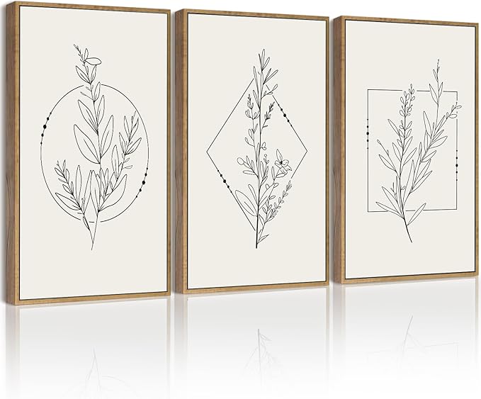 Drsoum Minimalist Flower Wall Art Vintage Wall Hanging Decor Black Line Botanical Prints Artwork for Office Dining Room Hallway 11x14in Natural Framed