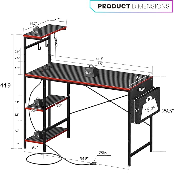 SUPER DEAL 44 Inch PC Gaming Desk with Power Outlet & LED Lights, Height Adjustable Shelf, Durable Steel Frame, Small Desk for Teen Boys & Kids Gaming in Bedroom