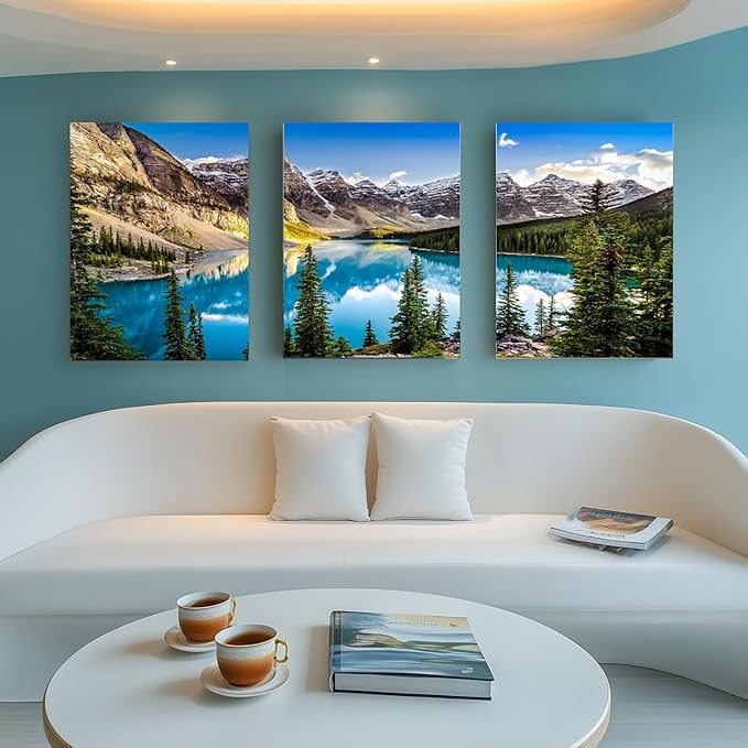 Yxbhhym Canvas Wall Art for Living Room Lake Mountain Wall Art Landscape Picture Blue Sky Forest Print Scenic Nature Painting Wall Decor Bedroom Modern Framed Office Artwork Bathroom Home Décor
