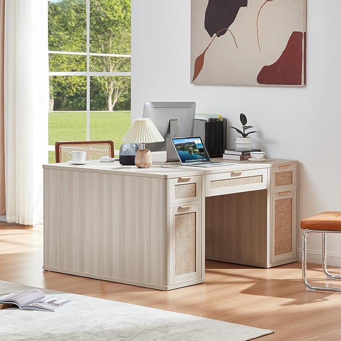LEYAOYAO Office Desk 56" with 5 Drawers Storage File Cabinet Rattan Wood Desk for Computer Office Bedroom Home Furniture Light Gray